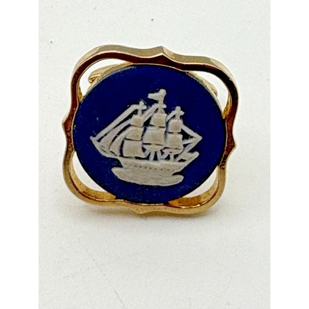 Wedgwood Cuff links Viking Ship Blue Jasperware Stratton England Vintage Signed